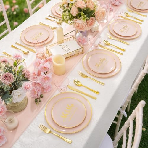 I00000 175 Pcs Pink Wedding Plastic Plates and Disposable Napkins Set - Image 6