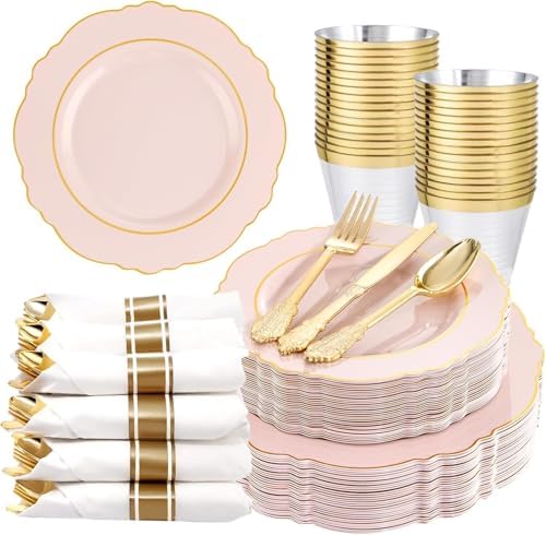 Liacere 175PCS Pink Plates Disposable - Pink and Gold Plates 25guest Baroque Plastic Dinnerware include 50Plates, 25Pack Pre Rolled Napkins with Silverware 25Cups Perfect for Wedding & Party by Liacere