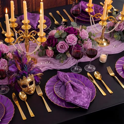YOUBET 125PCS Clear Purple Plastic Plates with Gold Rim for Wedding - Image 3