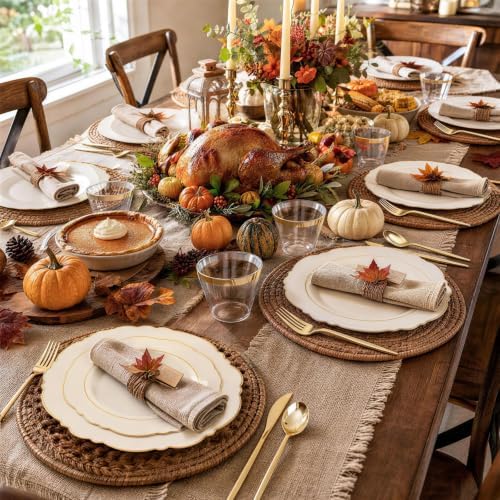 Liacere 150Pcs Ivory Plastic Plates-Ivory and Gold Disposable Plates Set- Ivory and Gold Rim Disposable Plastic Dinnerware include 50Plates,25Pack Silverware and 25Cups for Thanksgiving/Fall Party - Image 2