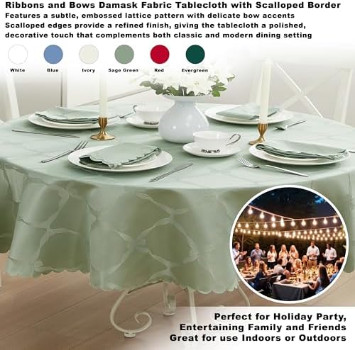 Newbridge Ribbons and Bows Damask Fabric Tablecloth, Sage Green, 60 x 102 Inch Oval, Wrinkle & Stain Resistant Table Cover - Image 2