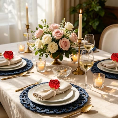 Red Flower Napkin Rings Set of 8, Handmade Peony Napkin Holder Floral Rings with Jute Bow Buckles for Summer, Wedding, Banquet, Birthday, Christmas, Valentine's, Thanksgiving Table Decoration - Image 7