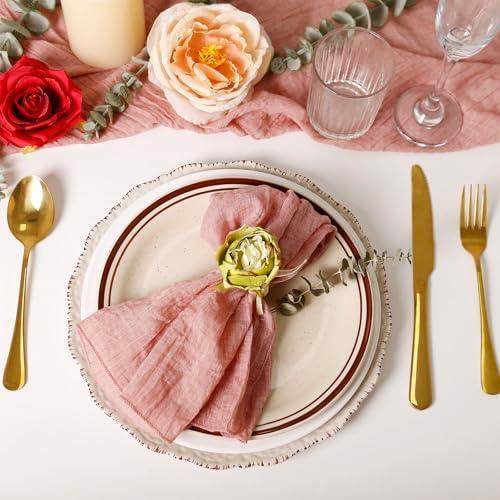 Handcraft Green Flower Napkin Rings Set of 8, Peony Napkin Holder Floral Rings With Jute Bow Buckles for Summer, Wedding, Banquet, Birthday, Christmas, Valentine's, Thanksgiving Table Decoration - Image 2