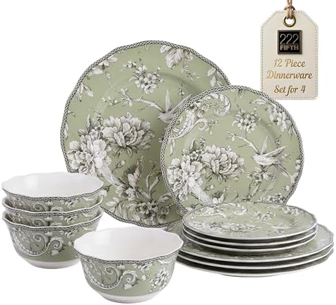 222 Fifth Adelaide Sage 12-Piece Green Porcelain Dinnerware Set – Service for 4, Big Dinner Plates and Bowls Sets, Green with White Floral Pattern, for Daily Entertainment, Microwave & Dishwasher Safe by 222Fifth