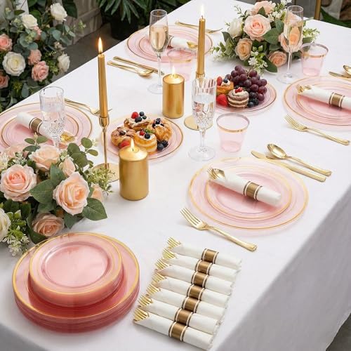WELLIFE 350Pcs Clear-Pink Plastic Dinnerware- Pink and Gold Plastic Dinnerware include 50 Dinner Plates, 50 Dessert Plates, 150 Gold Silverware, 50 Cups and 50 Napkins Perfect for Parties - Image 4