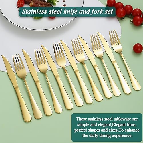 Evanda Gold Steak Knives Set 12 Piece, Gold Titanium Plating Stainless Steel 6 Dinner Forks and 6 Dinner Knives Set, Steak Knives Steak Forks, Dishwasher Safe - Image 3