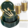 Morejoy 350 PCS Green Plastic Plates,Green Gold Plastic Dinnerware Sets by Morejoy