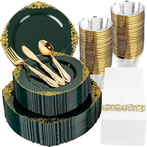 Morejoy 350 PCS Green Plastic Plates,Green Gold Plastic Dinnerware Sets by Morejoy