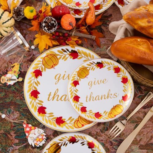 Rubtlamp 175Pcs Thanksgiving Plastic Plates, Gold Disposable Plates With Red Wreath, Fall Party Plates Include 75Gold Plastic Cutlery with Pre Rolled Napkins,25Dinner Platos, 25Salad Platos, 25 Cups - Image 5