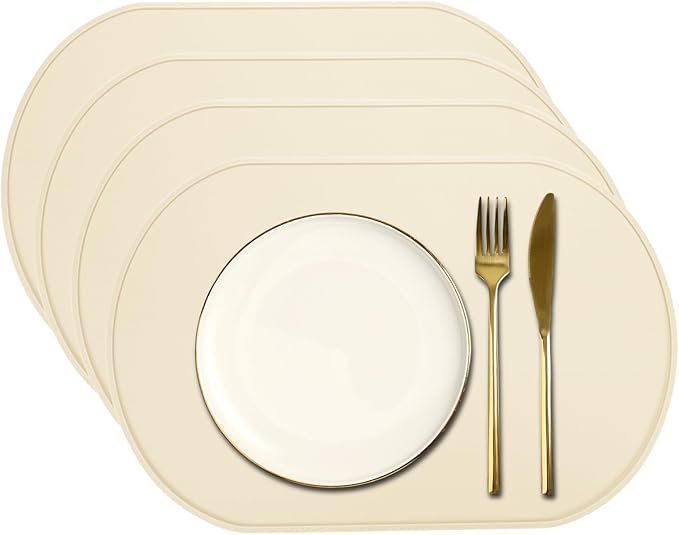 uxcell 4 Pcs Oval Silicone Placemat, 15.4" x 10.4" Non-Slip Washable Table Placemats Heat Resistant Waterproof Mat with High Edge for Table Kitchen Desk Protection, White