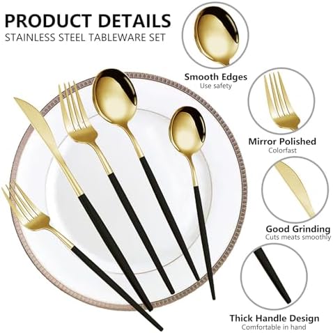 Kawlity Stainless Steel Serving Flatware Durable Black & Gold Polished Knives Spoon Forks 30 Pcs Utensil Dinner Tableware, for Kitchen Dishwasher Adults and Children Ideal Gift - Image 5