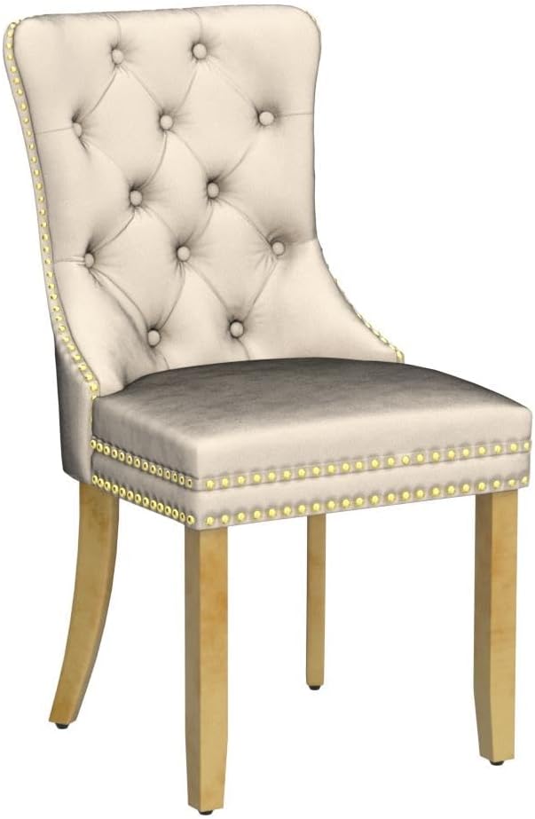 KCC Velvet Dining Chairs Set of 4, Upholstered High-end Tufted Dining Chair with Nailhead Back Ring Pull Trim Stainless Steel Legs, Contemporary Nikki Collection Modern Style for Kitchen, Beige