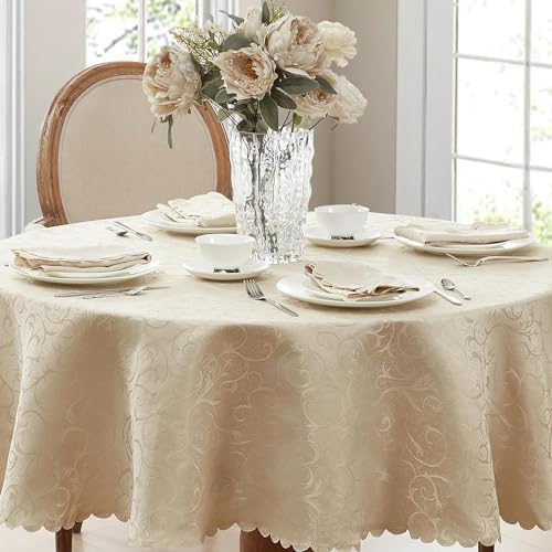 Newbridge Portofino Scalloped Damask Fabric Tablecloth, 70 Inch Round, Linen, Wrinkle and Stain Resistant Fine Dining Holiday Party Table Cover - Image 6