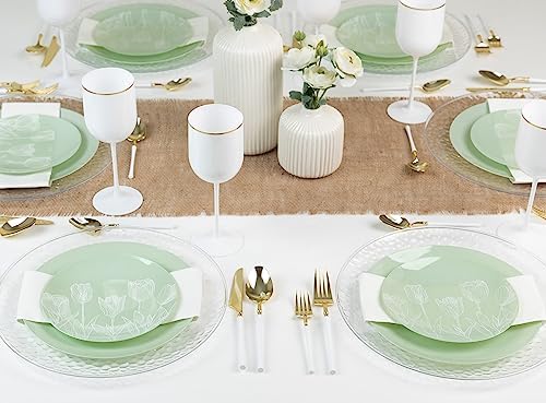 PLASTICPRO 32 Pack Elegant Disposable Plastic Plates Combo Set Includes 16 Dinner Plates and 16 Salad Plates Heavy Duty Fancy Party Plates Green and White Tulip Design - Image 3