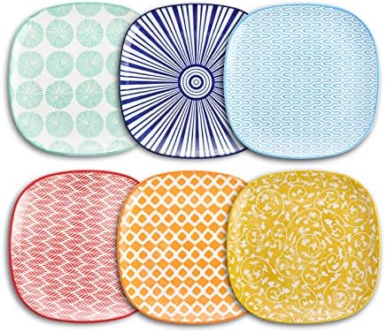 Selamica Porcelain Square Dessert Salad Pasta Plates 7.6 inches ceramic plates set of 6 microwave/dishwasher/oven safe, Assorted Colors by Selamica