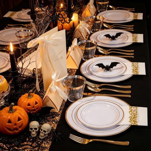 WELLIFE 700 Pieces Gold Plastic Dinnerware Set for 100 Guests - Includes Plates, Cups, Napkins, and Disposable Cutlery - Elegant White & Gold Design, Perfect for Parties and Events - Image 4