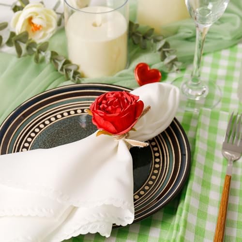 Red Flower Napkin Rings Set of 8, Handmade Peony Napkin Holder Floral Rings with Jute Bow Buckles for Summer, Wedding, Banquet, Birthday, Christmas, Valentine's, Thanksgiving Table Decoration - Image 3