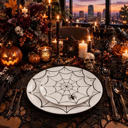 WDF 60Pieces Halloween Plates Disposable Plastic - White and Black with Cobwebs plates Dinnerware include 30PCS 10.25inch and 30PCS 7.5inch Plates for Halloween - Image 2