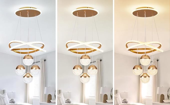 Modern Gold LED Chandeliers, 3-Color Dimmable Pendant Light for Kitchen Island, Dining Room, Living Room, Contemporary Hanging Ceiling Light, Adjustable Height, Perfect for Modern Home Decor.