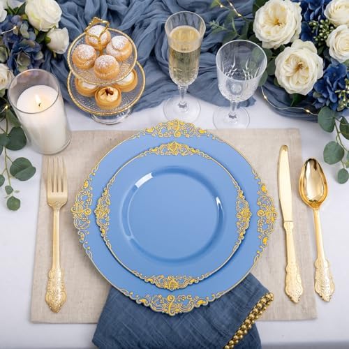125PCS Blue and Gold Plastic Plates for Wedding Party Baby Shower - Image 3