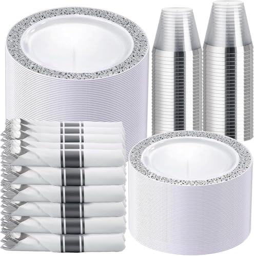 WELLIFE 350 Pieces Silver Disposable Plastic Dinnerware, Includes:50 Dinner Plates, 50 Dessert Plates, 50 Cups, 50 Pre Rolled Napkins with Silver Cutlery by WELLIFE