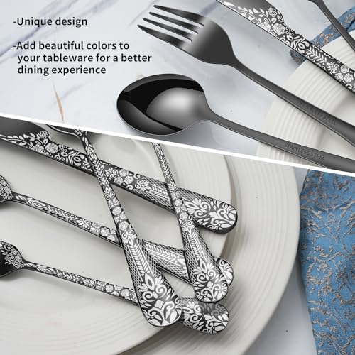 40 Piece Black Silverware Set, Stainless Steel Flatware Cutlery Set Service for 8, Mirror Polished Tableware Eating Utensils Set for Home Kitchen, Include Knife Fork Spoon Set, Dishwasher Safe - Image 5
