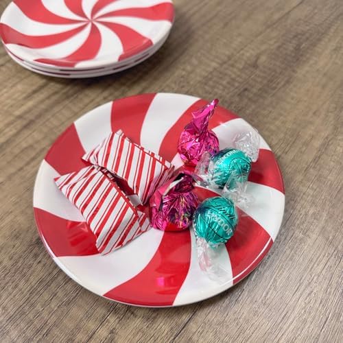 UP Classic Peppermint Candy Melamine Round Dessert Plates, Small Serving Plates, Christmas Decorations, for Appetizer, Snacks, and Side Dishes, Red and White, 6.75 Inch, Set of 4 - Image 2