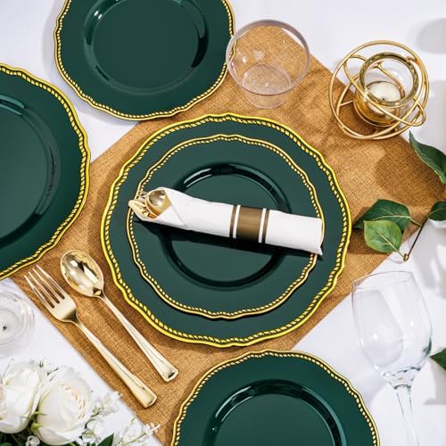 Hioasis 175 Pcs Green Gold Plastic Plates Wedding & Party - Image 3