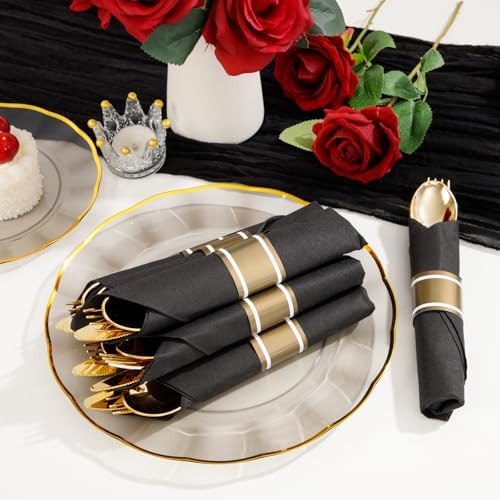 Supernal 120Pack Pre Rolled Black and Gold Plastic Silverware Set - Image 7