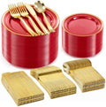 600 Pcs Red Plastic Dinnerware Set with Gold Trim for 100 Guests,200 Red Plastic Plates with Gold Trim, 200 Forks, 100 Spoons, 100 Knives for Party, Wedding, Birthday & Christmas by Bestvip