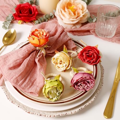 Handmade Flower Napkin Rings Set of 8, Orange Peony Napkin Holder Floral Rings With Jute Bow Buckles for Summer, Wedding, Banquet, Birthday, Christmas, Valentine's, Thanksgiving Table Decoration - Image 7
