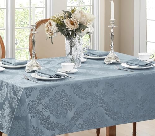 Newbridge Barcelona Damask Fabric Tablecloth, 60 x 120 Inch Rectangle, Blue – No Iron, Soil Resistant Table Cover for Dining, Parties and Holidays - Image 6
