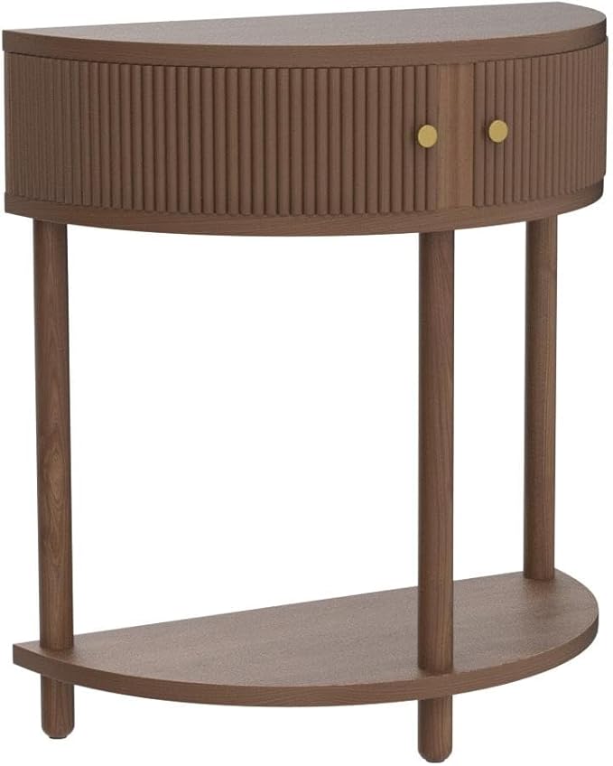 Fluted Half Moon Shaped Console Table - Small Entry Desk - Living Room Furniture - Modern Home Decor - Solid Wood Entryway Table with Two Doors and Brass Knobs (Walnut)