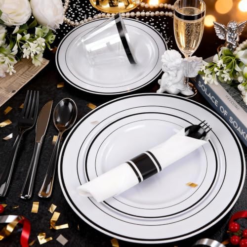 WELLIFE 210Pcs Black Plastic Dinnerware with Pre Rolled Napkins, Include:30 Dinner Plates, 30 Dessert Plates, 30 Paper Napkins, 30 Cups, 90 Plastic Cutlery - Image 5