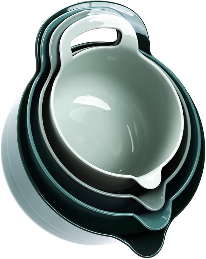 BoxedHome 4 Pack Nesting Mixing Bowl with Pour Spout and Handle, BPA free Microwave & Dishwasher Safe(Green, 4 Pack with Handle)