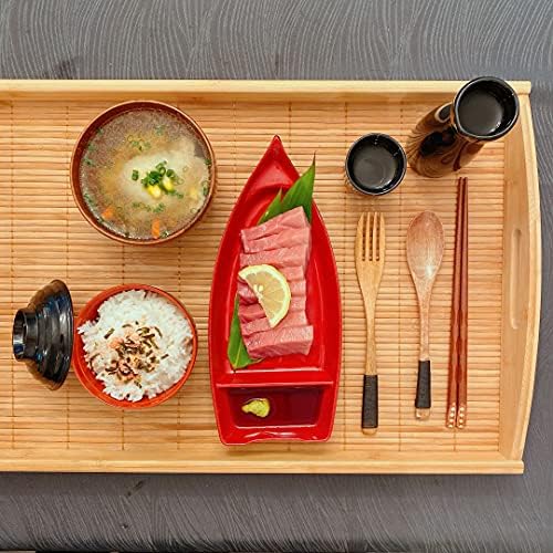 JapanBargain 10 inch Sushi Boat Japanese Sashimi Sushi Serving Plate with Sauce Divider, Melamine Chip and Dip Plate for Snack, Appetizer, Red/Black, 1-Pack - Image 5