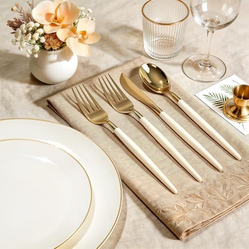 150Pcs Ivory Plastic Plates with Gold Rim,Disposable Plates with Silverware - Image 3