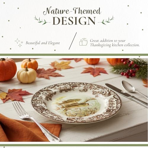Spode Woodland Salmon Salad Plate with British Flowers Border - Brown/White - Image 3