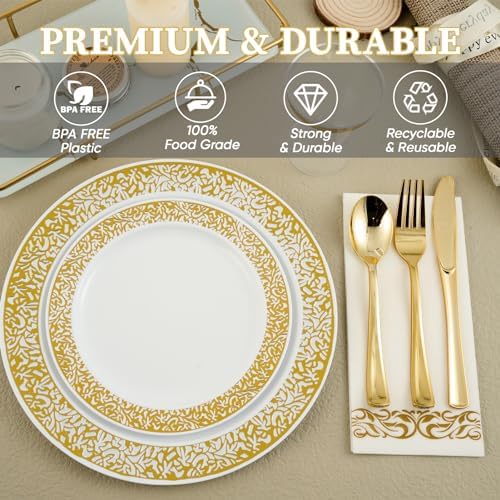 FOCUSLINE 175 Pieces Gold Disposable Dinnerware Set for 25 Guests - Image 4
