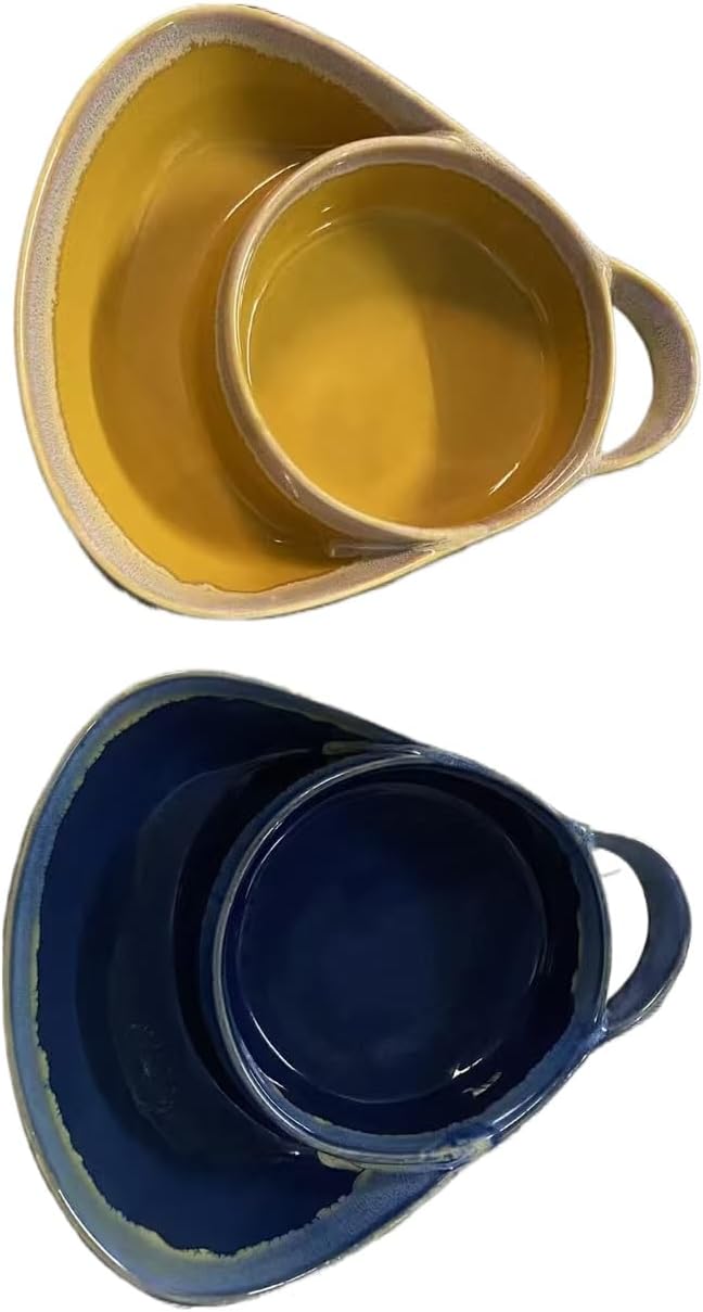 Soup and Side Bowl Plate Ceramic, Chip and Dip Divided Bowls, Anti-Soggy Cereal Bowl Bread Dipping Bowls Plates for Salad Breakfast, and Sandwich Ideal for Home and Restaurant (bule+yellow)