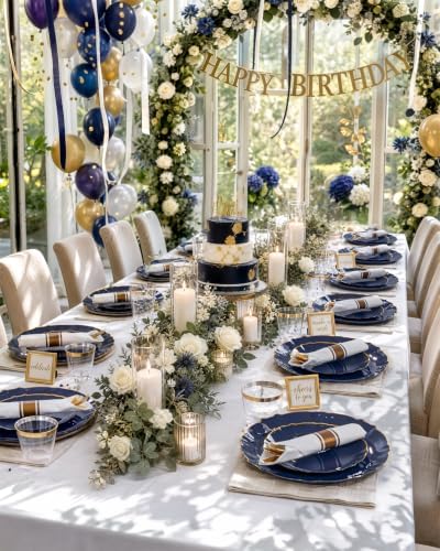 bUCLA 175PCS Navy Blue Plastic Plates - 25 Guests Gold Rim for Party - Image 6