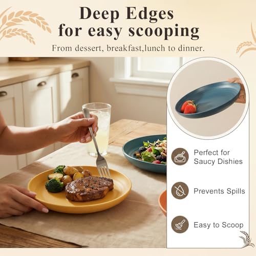 Wheat Straw Plate 8 Inch, Unbreakable Dinner Plates Set of 8, Microwave & Dishwasher Safe Kids Plates for Cake, Dessert, Side Salad, Plastic Plates Reusable for Camping, Kitchen, RV - Multi - Image 5