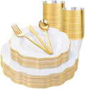 bUCLA 180PCS White and Gold Plastic Plates Disposable - White with Gold Rim Dinnerware Set Include 30 Guests Dinner & Dessert Plates, Cups, Cutlery Set for Wedding, Party & Thanksgiving Table Decor by BUCLA
