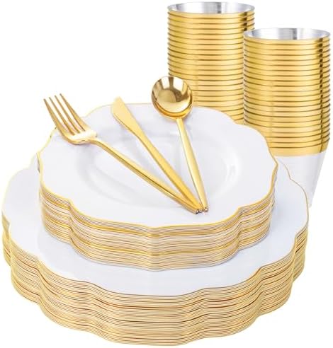 bUCLA 180PCS White and Gold Plastic Plates Disposable - White with Gold Rim Dinnerware Set Include 30 Guests Dinner & Dessert Plates, Cups, Cutlery Set for Wedding, Party & Thanksgiving Table Decor by BUCLA