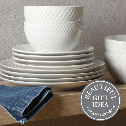 Gibson Elite Oyster Tide Embossed 12 Piece (Service for 4) Plates and Bowls Reactive Glaze Round Dishes Stoneware Ceramic Dinnerware Set, White - Image 4