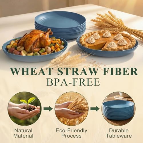 Deep Dinner Plates 11 Inch, Plastic Plates Reusable, Unbreakable Wheat Straw Plates Set of 8, Microwave and Dishwasher Safe Big Plate for Steak, Chicken, Casserole - Blue - Image 3