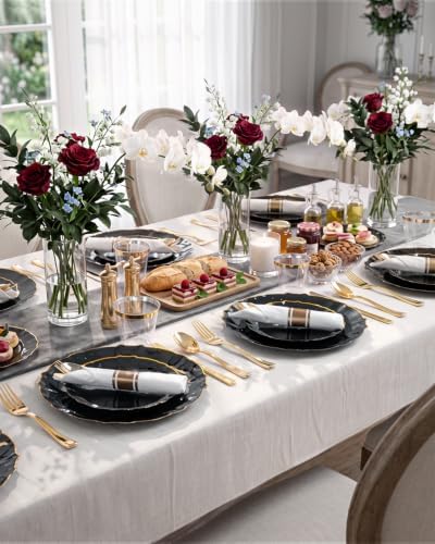 bUCLA 175PCS Black Plastic Plates - 25 Guests Gold Rim Disposable for Party - Image 4