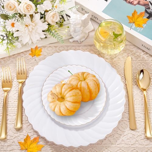 YOUBET 125PCS White and Gold Plastic Plates for Wedding Parties - Image 2