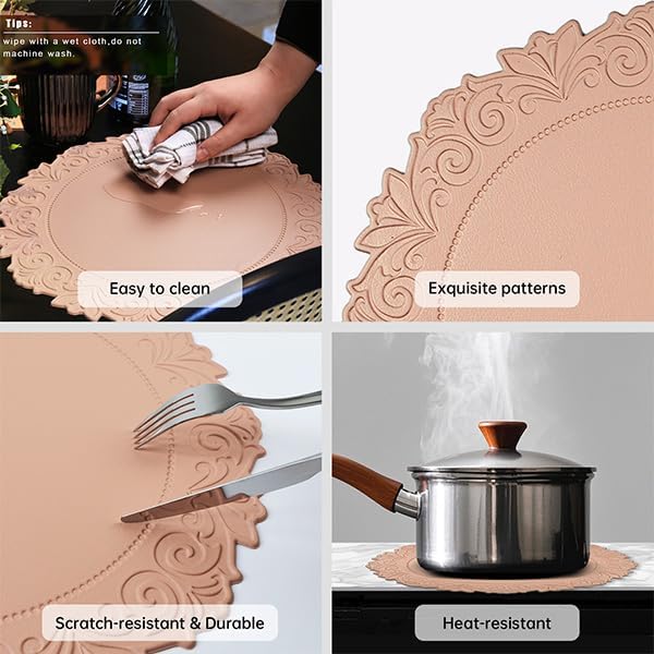 Noctiflorous Round Faux Leather 15 Inch Placemats Set of 6 Waterproof Wipeable Heat Resistant Tablemat for Dining Table Kitchen Non Slip Oilproof Table Place Mat for Indoor Outdoor(Pink, 6)