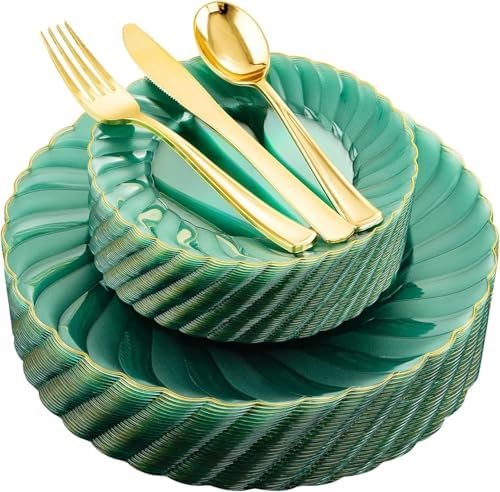 YOUBET 125PCS Clear Green Plastic Plates with Gold Rim for Wedding Party by YOUBET